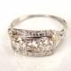 Antique Art Deco Engagement Ring 0.60ctw Old Cut Diamond Wedding Ring 18K White Gold Orange Blossom Motif Three Stone Anniversary Ring