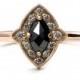 Black Diamond Marquise Engagement Ring with Pointed Diamond Halo - 14k Rose, Yellow or Palladium White Gold