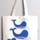 Three Whales Tote Bag. Handmade Fabric Bag with Whale Applique. Nautical Textile Eco Bag. Shopper. Cotton Bag. Animal Canvas Bag. Sea Bag
