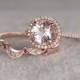 2 Morganite Bridal Ring Set,Engagement ring Rose gold,Diamond wedding band,8mm Round Gemstone Promise Ring,Halo,Ruby Milgrain Matching band