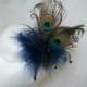 Navy Blue Peacock Feather & Crystal Pearl Burlesque Wedding Fascinator Hair Comb -  Made to Order
