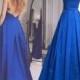 Chic Spaghetti Straps V-neck A-line Long Royal Blue Prom Dress from Dressywomen