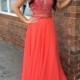 Chic Two Piece Coral Prom Dress - V-neck Sleeveless Floor-Length with Beading