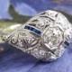 Art Deco Vintage 1930's Old European Cut Diamond Sapphire Filigree Engagement Wedding Anniversary Ring Platinum