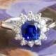 Vintage Estate Cushion Cut Blue Sapphire Diamond Halo Cocktail Birthstone Anniversary Engagement Ring Platinum