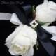 White Rose Corsage, FFT Original Design, Black Ribbon Silk Wedding Flowers Mother of Bride or Groom Rhinestone Accent Elegant, Made to Order