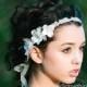 Wedding Hair Accessories of Beaded Lace Tie Wedding Headband with Flowers, Wedding Hair Rhinestone Head Piece
