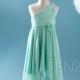 2016 Mint Junior Bridesmaid dress, One Shoulder Rosette dress, Long Chiffon Draped Flower Girl dress floor length (ZK027)
