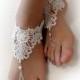 White Lace Foot Jewelry. Barefoot Sandals. White flowers. Pearl Beads. Silver Chain Boho Anklets. Beach Wedding. Bridal Accessory. Set of 2