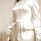 1940s wedding dress, peplum beading train, ivory satin, long sleeves M L