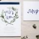 SAMPLE floral wreath bohemian wedding invitation // THE OLIVE // olive green navy blue hand drawn woodland leaf wreath