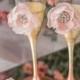 Bronze & gold wedding, champagne flutes and cake server and knife, blush pink flowers, toasting glasses, cottage, country, barn, 4 pcs