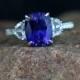 Blue & White Sapphire Engagement Ring Elongated Cushion Half moon 3.5ct 10x8mm 14k 18k White Yellow Rose Gold-Platinum-Wedding-Custom