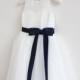 Ivory Flower Girl Dress Navy Baby Girls Dress Lace Tulle Flower Girl Dress With Navy Sash/Bows Sleeveless Knee-length