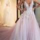 A-line V-neck Sleeveless Flower Appliqued Light Pink Chapel Train Tulle Wedding Dress