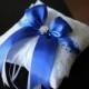 White & Royal Blue Wedding Ring Bearer Pillow  White Lace ring Pillow with Cobalt Blue Bow and Brooch  White Throw Pillow with Lace