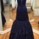Fabulous Mermaid Navy Blue Prom Dress - V-neck Floor-Length Sleeveless with Tiered Lace from Dressywomen