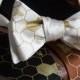 Honey Bee bow tie, self tie men's tie. Silkscreened bee hive and honeycomb. Cream tie, gold print. Rustic wedding groomsmen gift.