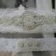 Wedding Garter, Bridal Garter, Garter Set  - Crystal Rhinestone & Pearl on a WHITE Lace - Style G2101