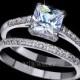 Princess Cut Engagement Ring Set, Bridal Band Wedding Ring Set, Cubic Zirconia Two Ring Set, Stacking Set Ring, Eternity Band, AR0139
