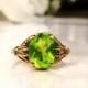 Art Deco Oval Cut 1.86ct Green Glass Ring 10K Yellow Gold Scroll Filigree Ring Faux Peridot August Birthstone Ring