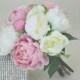 B0418 Off White, Cream, Pink Real Touch Flowers Peony Bouquets for Wedding Bridal Bouquets Centerpieces Home Decoration