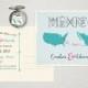 Destination Wedding Save the Date Card USA Mexico Wedding card with maps and airplanes lines decorative Mexican blue coral pink fuchsia
