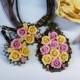 Polymer clay set of jewellery Dangle earrings Necklace pendant Flowers roses necklace earrings Pink yellow flower set Nature flower jewelry