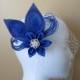 Royal Blue Wedding Fascinator, Something Blue, Royal Blue Kanzashi Bridal Flower w/ Birdcage Veil, Bridesmaid, Prom or Homecoming Hair Clip