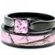 Pink Womens Black Titanium Camo and Stainless Steel Princess Engagement Wedding Rings Set