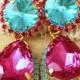 Fuchsia Turquoise Chandelier earrings, Statement earrings, Turquoise chandelier earrings, Swarovski Crystal Pink Fuchsia earrings.