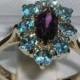 9K Solid English Yellow Gold Marquise Cut Natural Amethyst & Blue Topaz Elegant Cluster Flower Ring -Made in England - Customizable