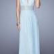 Deep V-neck Ruched Bodice Embroidered Belt Open Back Chiffon Prom Dress PD3142