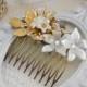 Leaf Hair Comb, Jeweled Hair Comb, Flower Comb, Gold Leaf Hair Comb, Pearl Hair Comb, Assemblage Hair Comb, Art Deco, Art Nouveau, Goddess