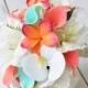 Wedding Off White Coral Orange and Turquoise Mintl Natural Touch Orchids, Callas, Plumerias and Hibiscus Silk Flower Bride Bouquet