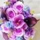 Wedding Purple Mix of Fuchsia, and Blue Lilac Natural Touch Orchids, Callas and Roses Silk Flower Bride Bouquet