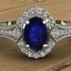 Blue Sapphire Engagement Ring - Oval - Diamond Sides with Milgrain Beading - Scrolls - 14k White Gold  - An Original Design by Charles Babb