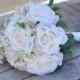 Silk Wedding Bouquet, Wedding Bouquet, Keepsake Bouquet, Bridal Bouquet White Roses with White Waxflower Wedding Bouquet.