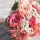 Summer Wedding Bouquet, Keepsake Bouquet, Bridal Bouquet made with Coral Rose, Pink Rose, Orange Dahlia silk Silk Wedding Bouquet.