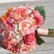 Summer Wedding Bouquet, Keepsake Bouquet, Bridal Bouquet made with Coral Rose, Pink Rose, Orange Dahlia silk Silk Wedding Bouquet.