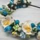 Bridal floral crown Floral accessory Mother wedding Bridesmaids jewelry Blue flower jewelry White flower jewelry Blue bridal jewelry Blush