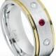July Birthstone Ring, 0.21ctw Ruby & Diamond 3-stone Anniversary Band,Yellow Gold Plated 2-Tone Comfort Fit Cobalt Chrome Wedding Band CT422