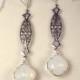 Art Nouveau/Deco Opal Earrings 1920 White Opal Rhinestone Long Dangle Earrings Antique Silver Vintage Bridal Statement Drop Gatsby Flapper