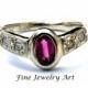 Unique Ruby Engagement Ring Handmade 14k White Gold With Diamonds - Custom Bezel Set Oval Ruby Four Bead Set Diamonds Lacey Flow Ring Design