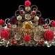 Baroque Crown Hearts and Roses Wedding Filigree Crown Headband Swarovski Gold Red Handmade Byzantine Tiara