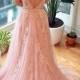 Pink Blush Lace V Back Wedding Dress