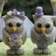 Wedding owl cake topper with grass base and arch, BIG OWLS more than 4" tall, bride and groom love birds, purple lilac wedding