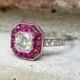 Vintage Art Deco Ruby Diamond Halo Target Engagement Ring in Platinum