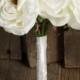 Bouquet of White Roses - Bridal Flower Bouquet, Silk Flowers 10"