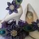 Plum Wedding Garter & Purple Kanzashi Flower Shoe Clips, 2 pc Set, Peacock Shoe Clips, Peacock Purple Lace Garter, Prom Garters Accessories